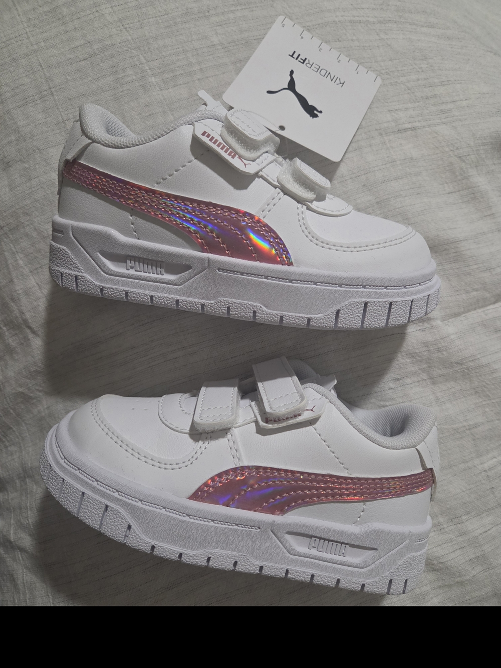 Puma Kids White Sneakers with Iridescent Pink Side Stripe